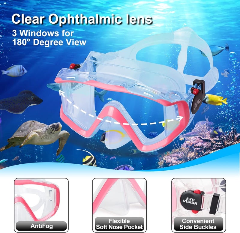 EXP VISION Snorkel Set Pano 3 Window Adult Snorkeling Gear, Professional Snorkel Goggles Anti-Fog Diving Mask, Anti-Leak Swim Goggles and Dry Top Snorkel for Diving, Snorkeling, Swimming - Image 2